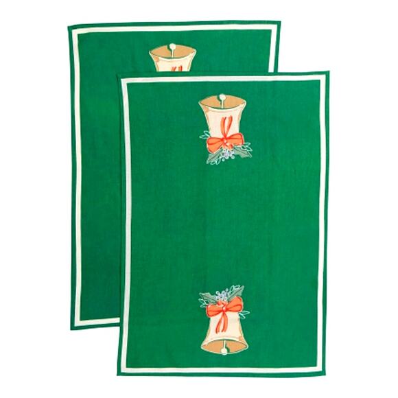 MAHOGANY Set of 2 Holiday Jingle Bell Flour Sack Kitchen Towels Christmas Green - Picture 1 of 15